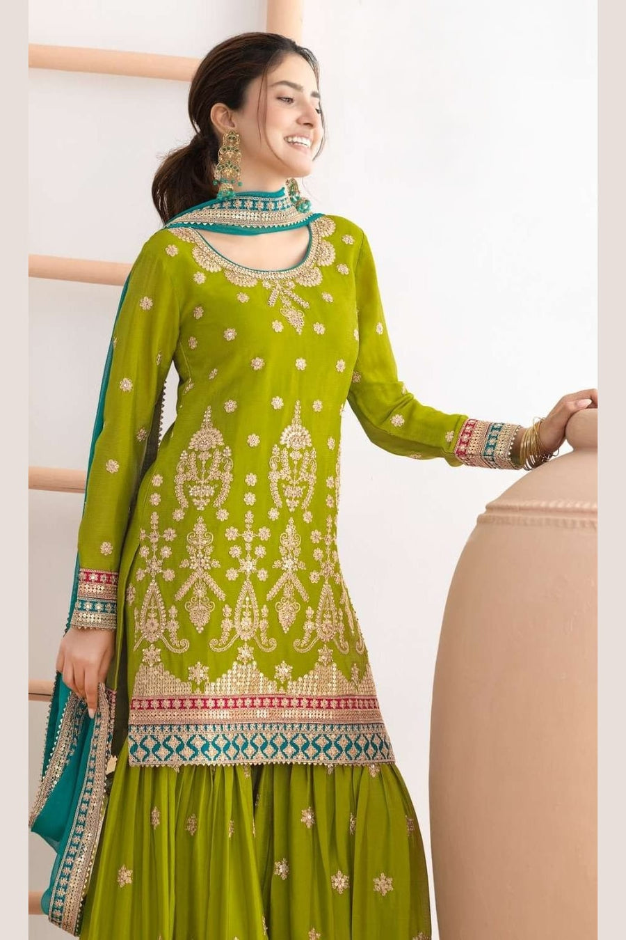 Green Chinon Silk Sharara Suit For Indian & Pakistani Wedding Festival - Sequins & Thread Embroidery Work, Dori Work