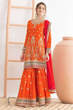 Orange Chinon Silk Sharara Suit For Indian & Pakistani Wedding Festival - Sequins & Thread Embroidery Work, Dori Work