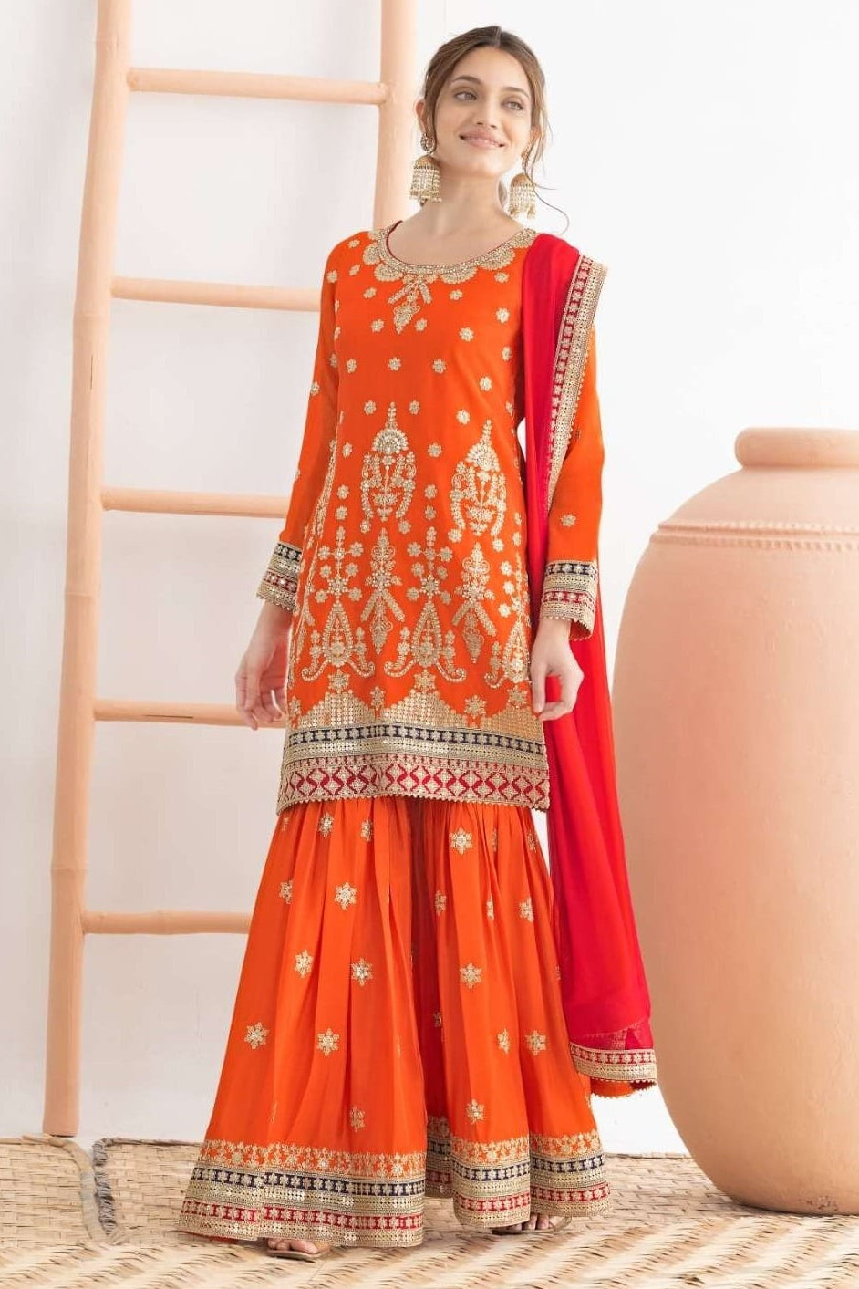 Orange Chinon Silk Sharara Suit For Indian & Pakistani Wedding Festival - Sequins & Thread Embroidery Work, Dori Work
