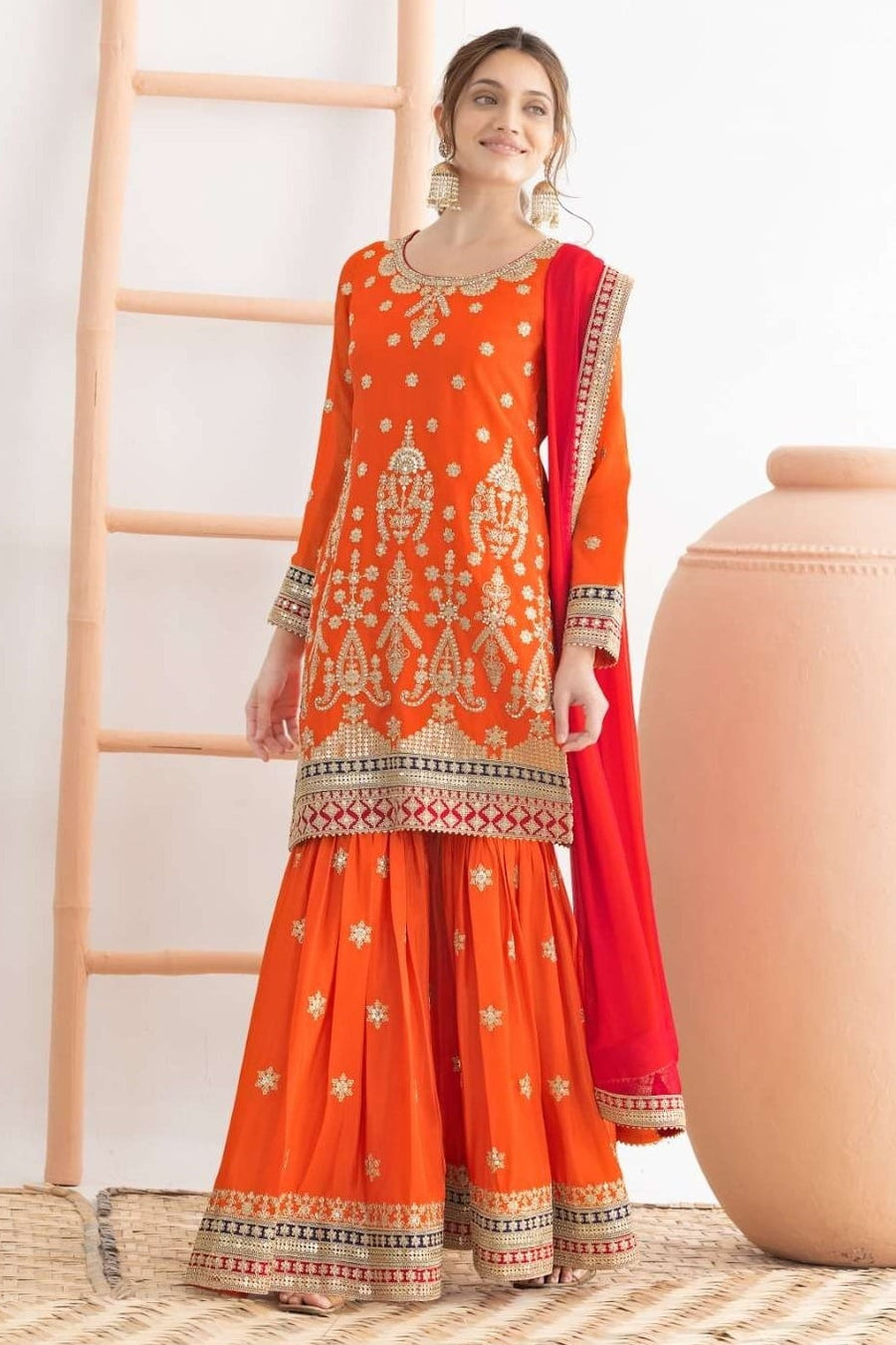 Orange Chinon Silk Sharara Suit For Indian & Pakistani Wedding Festival - Sequins & Thread Embroidery Work, Dori Work