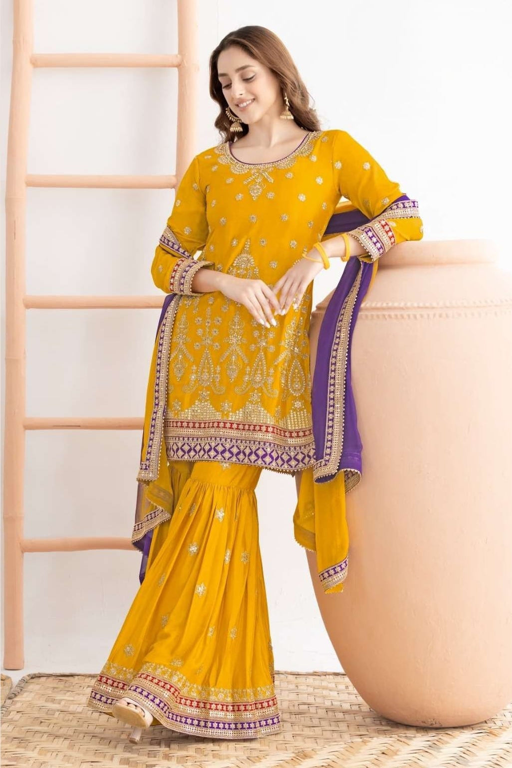 Yellow Chinon Silk Sharara Suit For Indian & Pakistani Wedding Festival - Sequins & Thread Embroidery Work, Dori Work