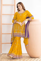 Yellow Chinon Silk Sharara Suit For Indian & Pakistani Wedding Festival - Sequins & Thread Embroidery Work, Dori Work