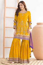 Yellow Chinon Silk Sharara Suit For Indian & Pakistani Wedding Festival - Sequins & Thread Embroidery Work, Dori Work
