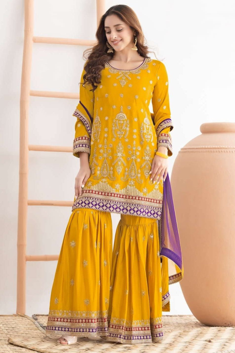 Yellow Chinon Silk Sharara Suit For Indian & Pakistani Wedding Festival - Sequins & Thread Embroidery Work, Dori Work