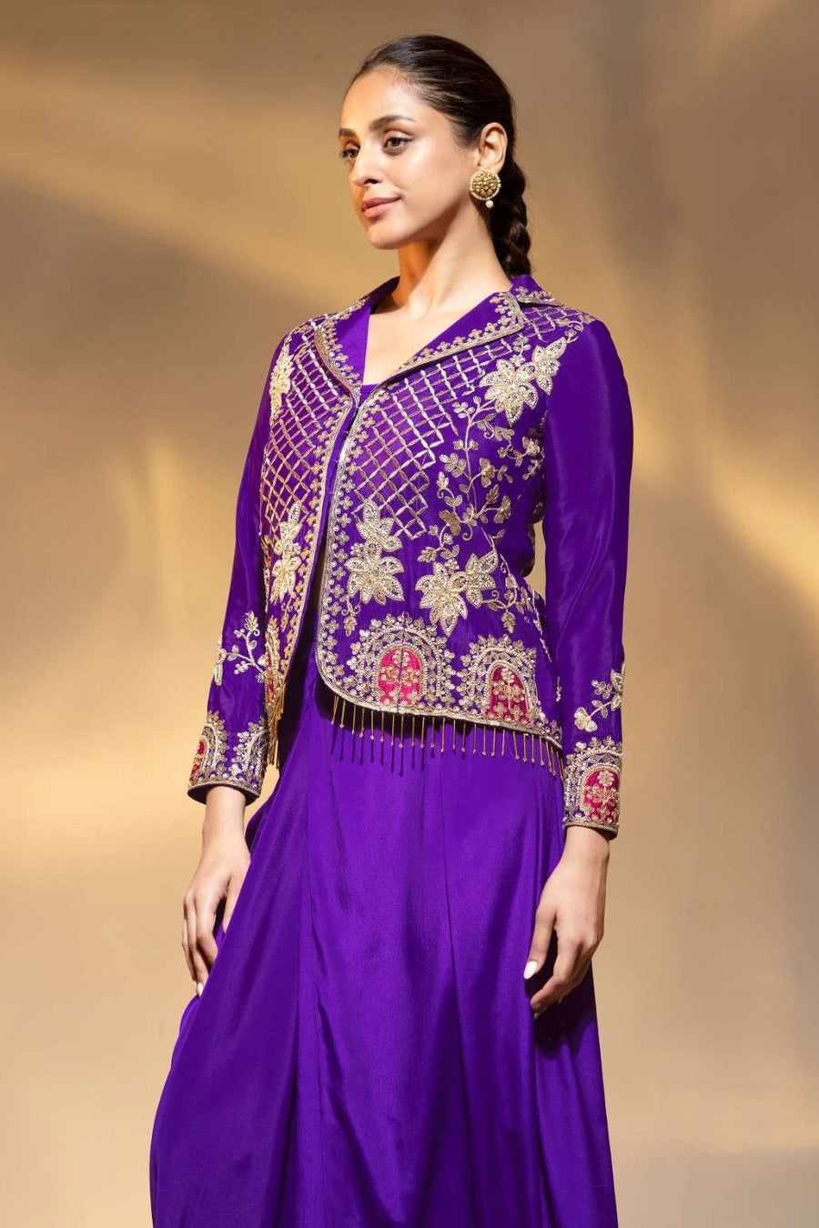 Purple Crepe Collar Kameez With Cowl Draped Skirt For Indian & Pakistani Wedding Festival - Bead Work, Dori Work