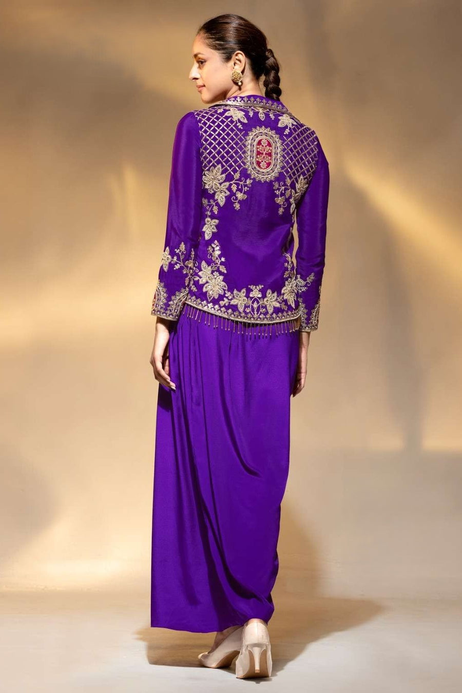 Purple Crepe Collar Kameez With Cowl Draped Skirt For Indian & Pakistani Wedding Festival - Bead Work, Dori Work