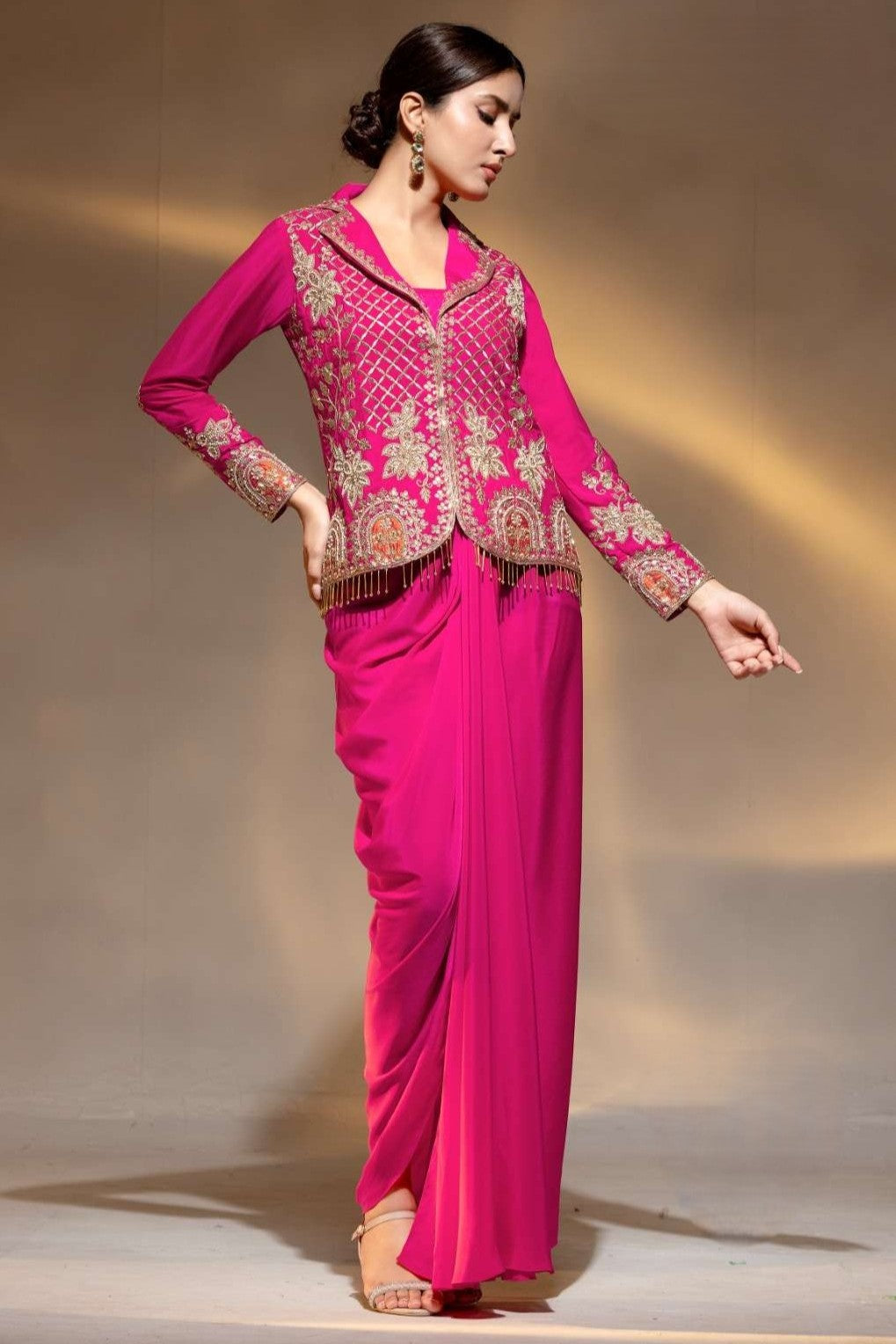 Pink Crepe Collar Kameez With Cowl Draped Skirt For Indian & Pakistani Wedding Festival - Bead Work, Dori Work