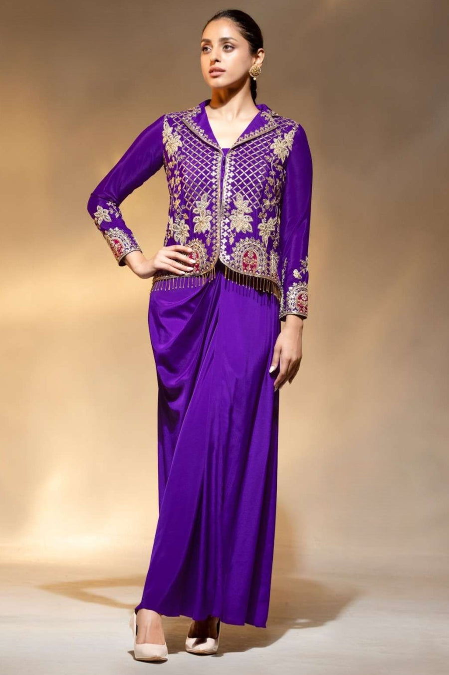 Purple Crepe Collar Kameez With Cowl Draped Skirt For Indian & Pakistani Wedding Festival - Bead Work, Dori Work