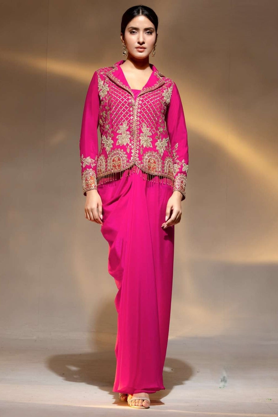 Pink Crepe Collar Kameez With Cowl Draped Skirt For Indian & Pakistani Wedding Festival - Bead Work, Dori Work