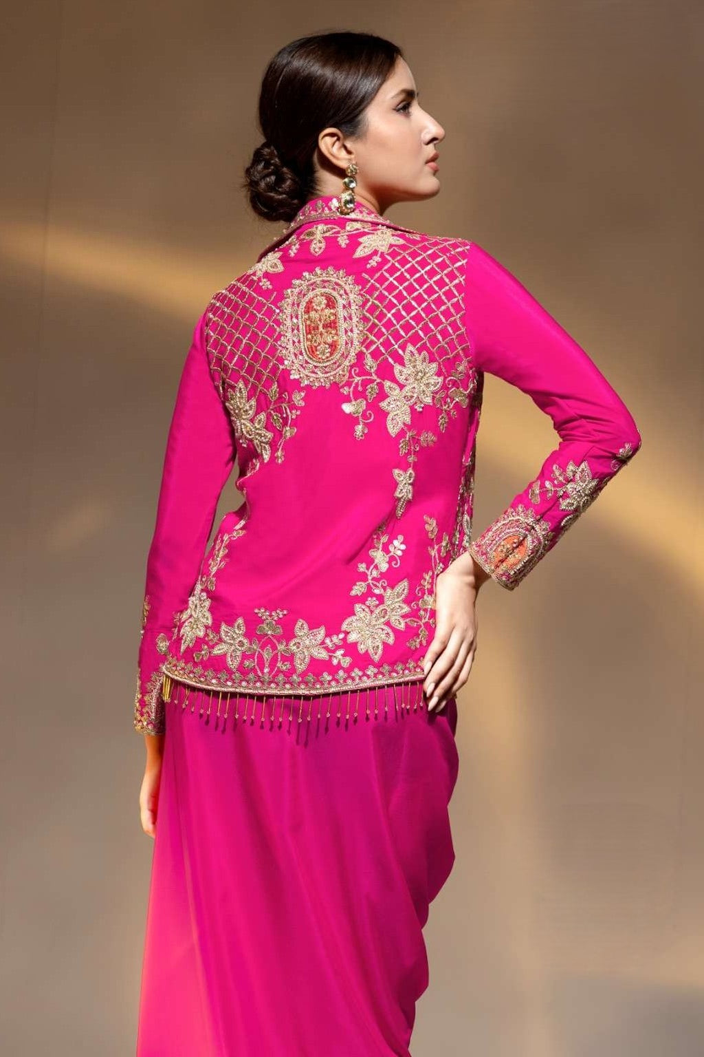 Pink Crepe Collar Kameez With Cowl Draped Skirt For Indian & Pakistani Wedding Festival - Bead Work, Dori Work