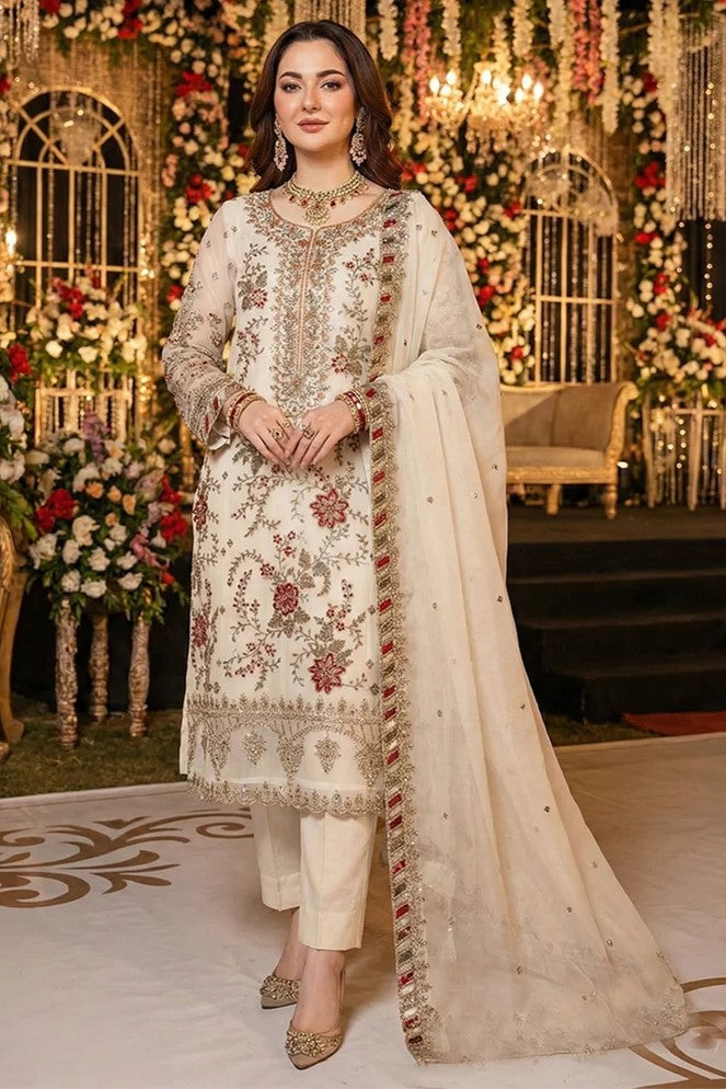 Off White Chiffon Kameez with Pant For Weddings - Sequins Embroidery Work