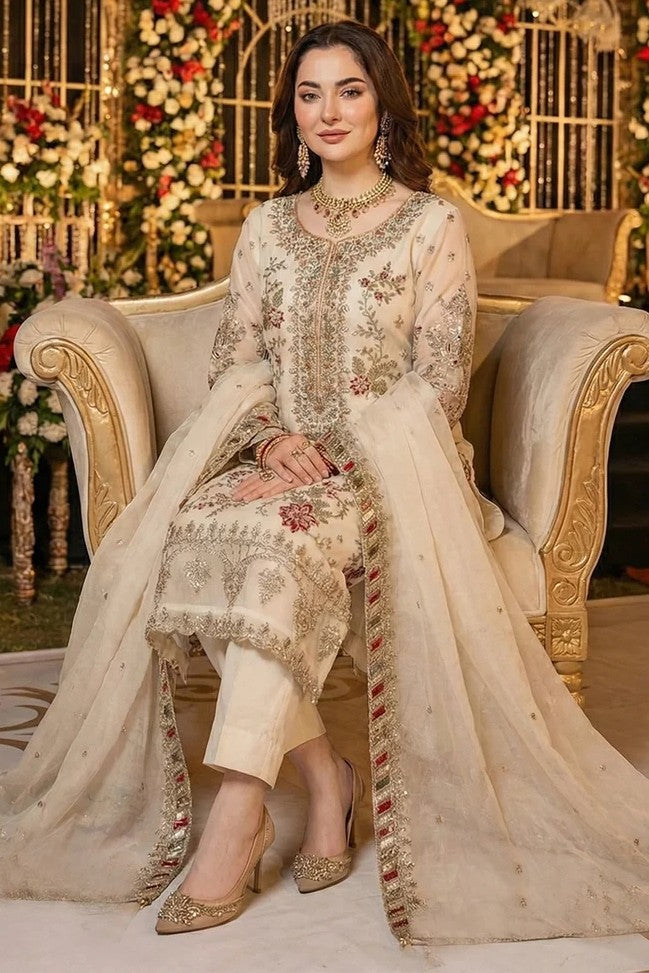 Off White Chiffon Kameez with Pant For Weddings - Sequins Embroidery Work