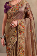 Brown saree for wedding with khatli and sequin embroidery, upper-body closeup of the embroidery and handwork detailing