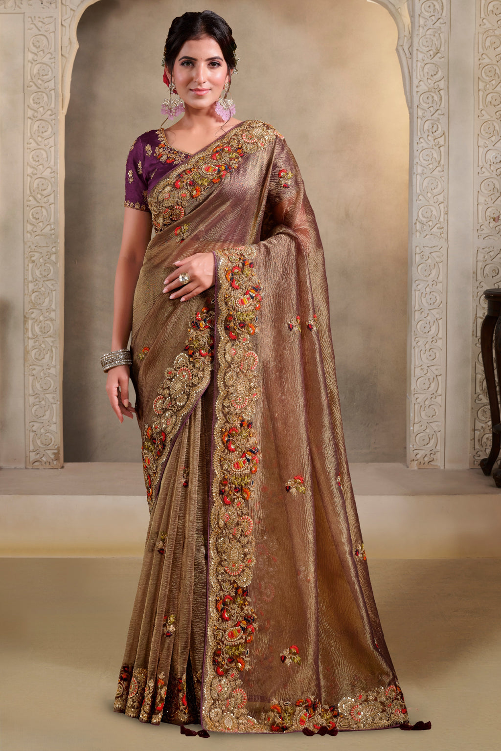 Brown banarasi silk saree with khatli and sequin embroidery, full front view of the model wearing the draped saree