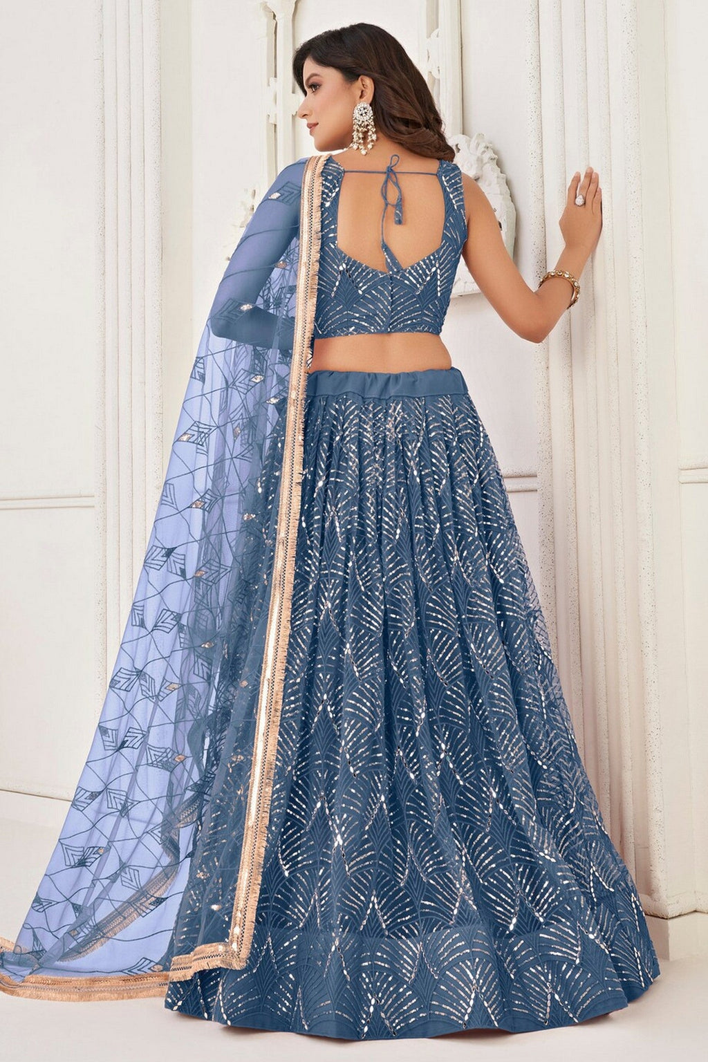Steel Blue Net Embroidered Lehenga Choli For Indian Festival & Weddings - Embroidery Work