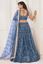 Steel Blue Net Embroidered Lehenga Choli For Indian Festival & Weddings - Embroidery Work