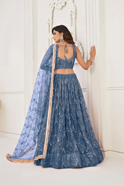 Steel Blue Net Embroidered Lehenga Choli For Indian Festival & Weddings - Embroidery Work