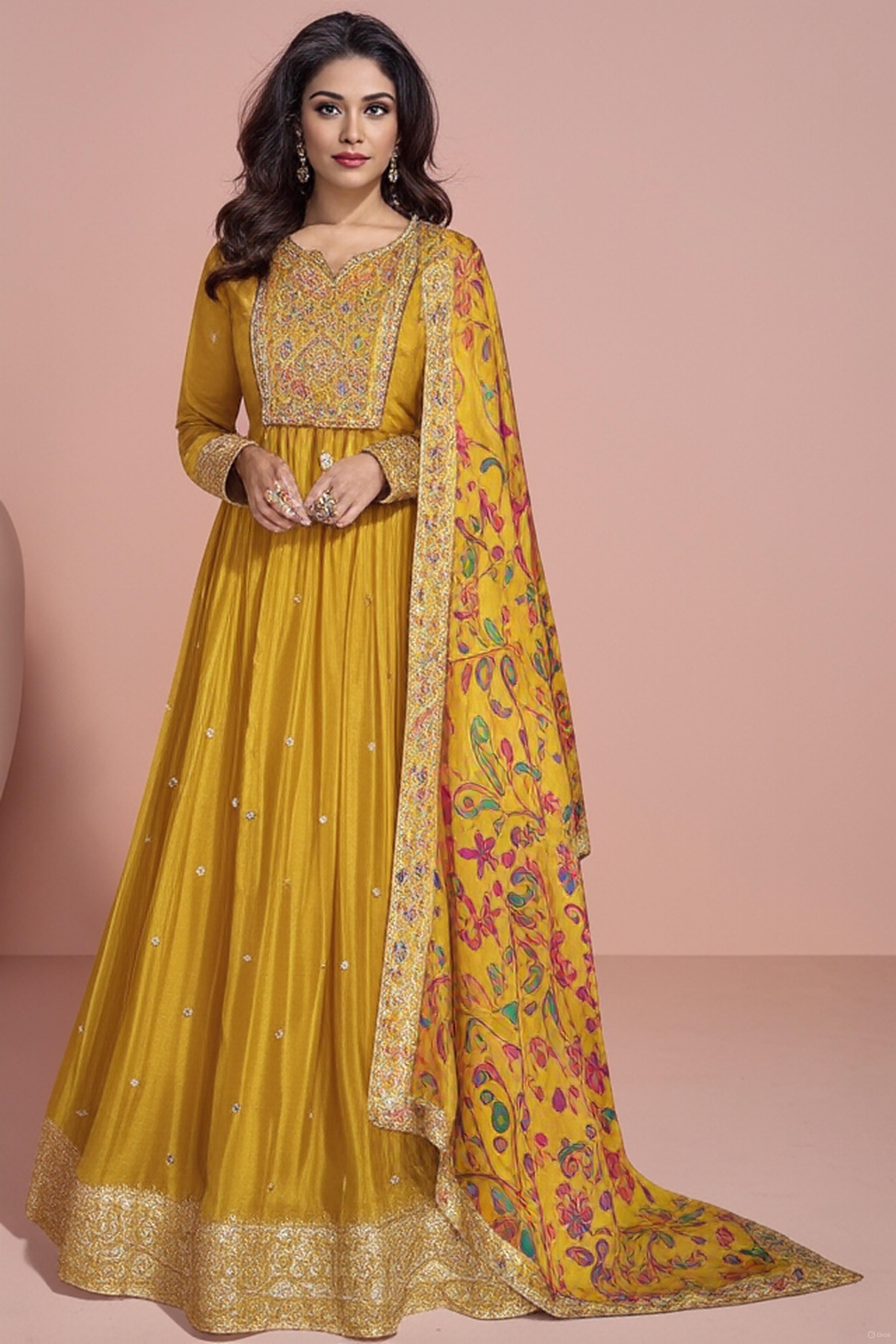 Yellow Chinon Silk Long Anarkali Wedding Gown India for Haldi Ceremony - Embroidery Work
