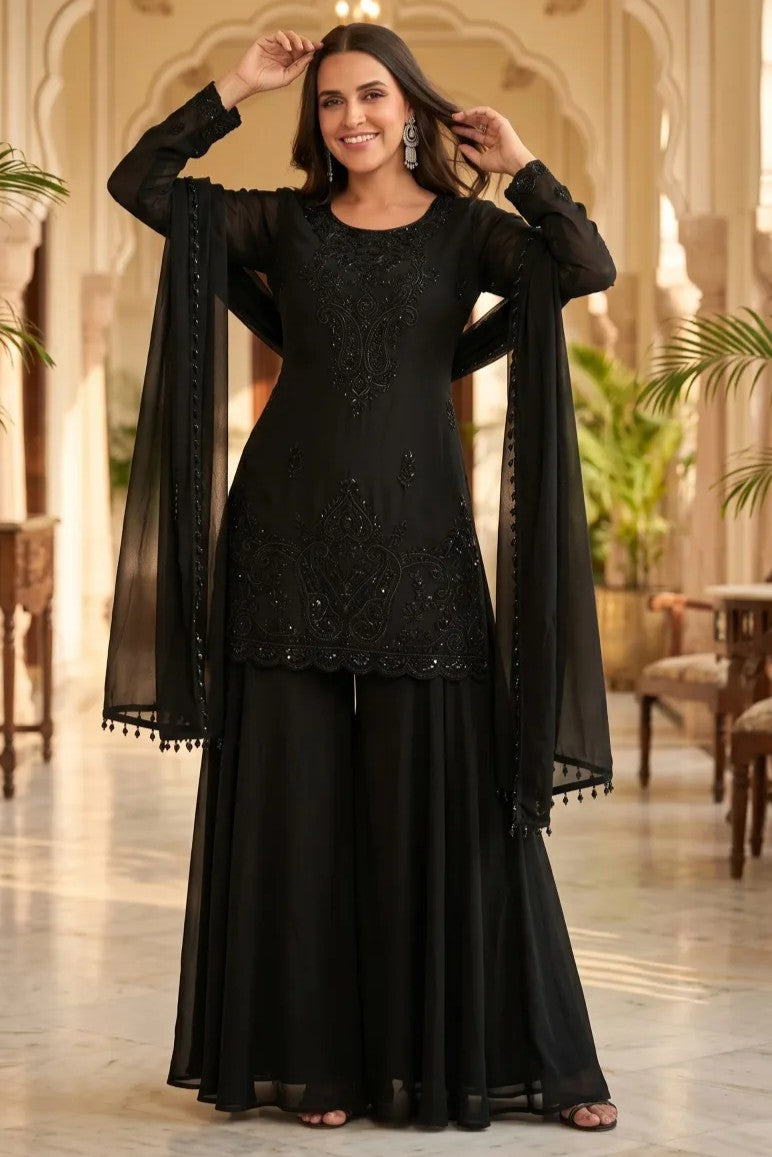 Black Designer Embroidered Plazo Suits for Party in Chinon Silk