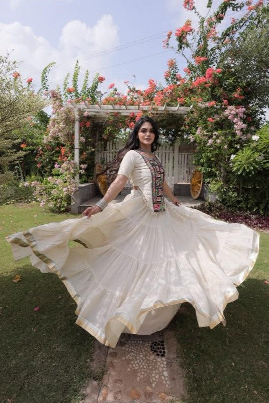White Kutchi Patchwork Chaniya Choli for Navratri