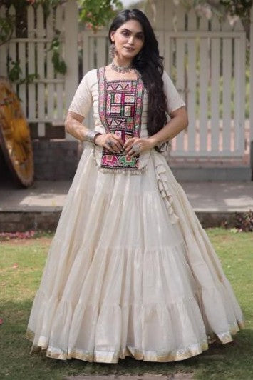White Kutchi Patchwork Chaniya Choli for Navratri