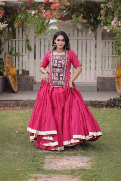 Pink Chaniya Choli for Navratri with Traditional Kutchi Patchwork