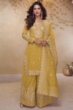 Mustard Yellow Simmer Silk Palazo Suit For Indian & Pakistani Wedding Festival - Thread & Sequins Embroidery Work