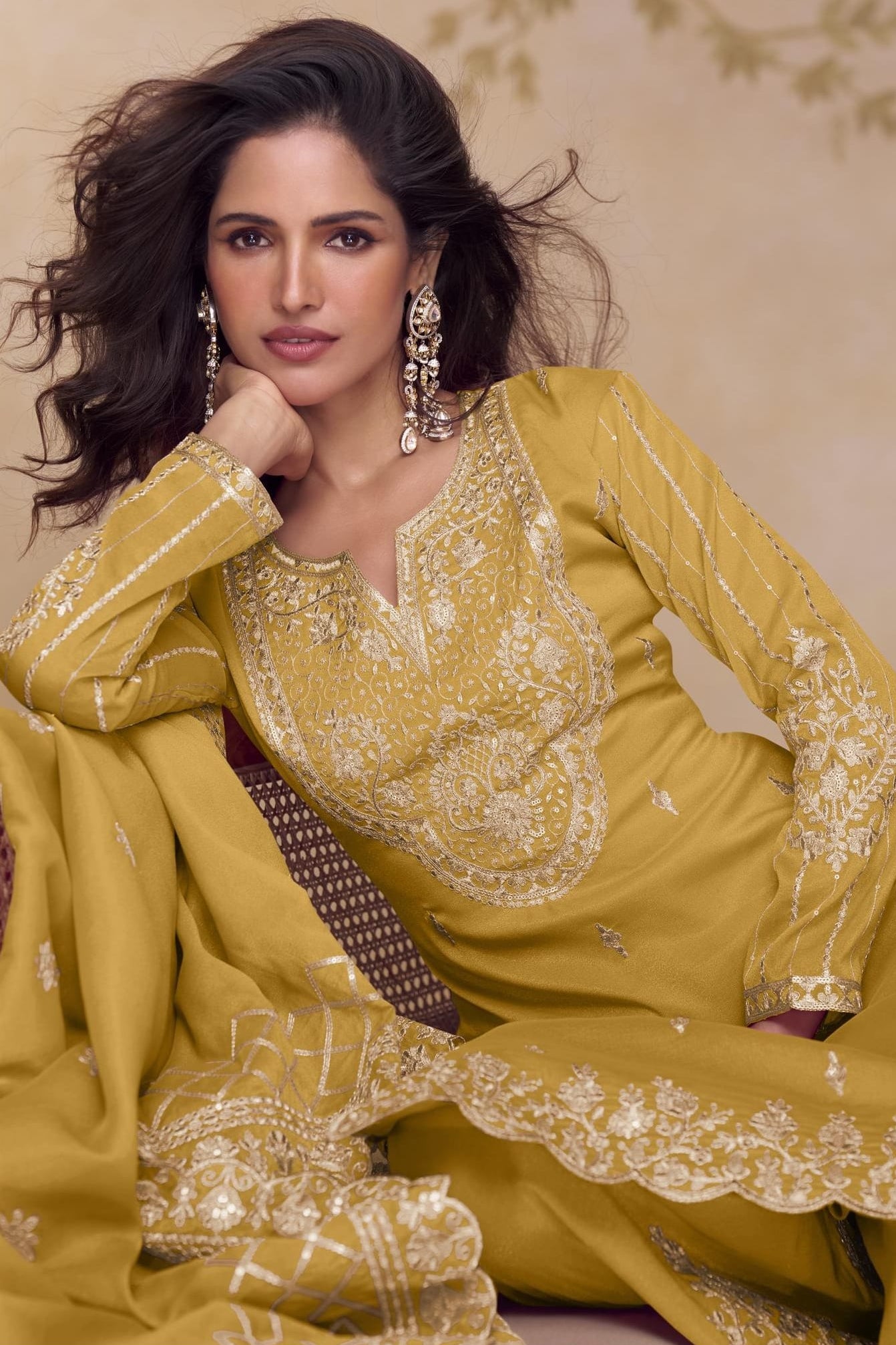 Mustard Yellow Simmer Silk Palazo Suit For Indian & Pakistani Wedding Festival - Thread & Sequins Embroidery Work