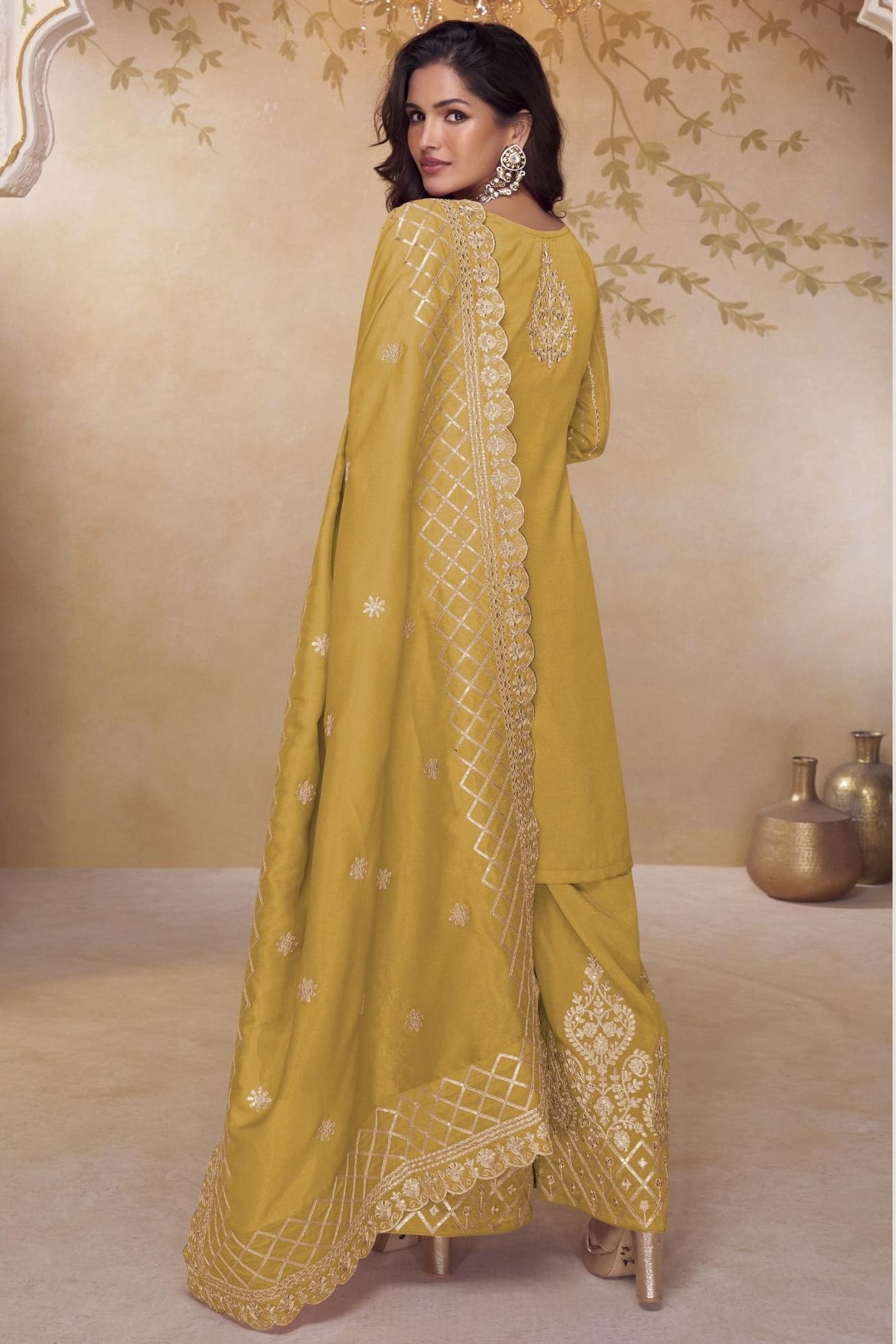 Mustard Yellow Simmer Silk Palazo Suit For Indian & Pakistani Wedding Festival - Thread & Sequins Embroidery Work