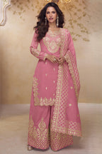 Pink Simmer Silk Palazo Suit For Indian & Pakistani Wedding Festival - Thread & Sequins Embroidery Work
