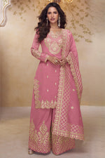 Pink Simmer Silk Palazo Suit For Indian & Pakistani Wedding Festival - Thread & Sequins Embroidery Work