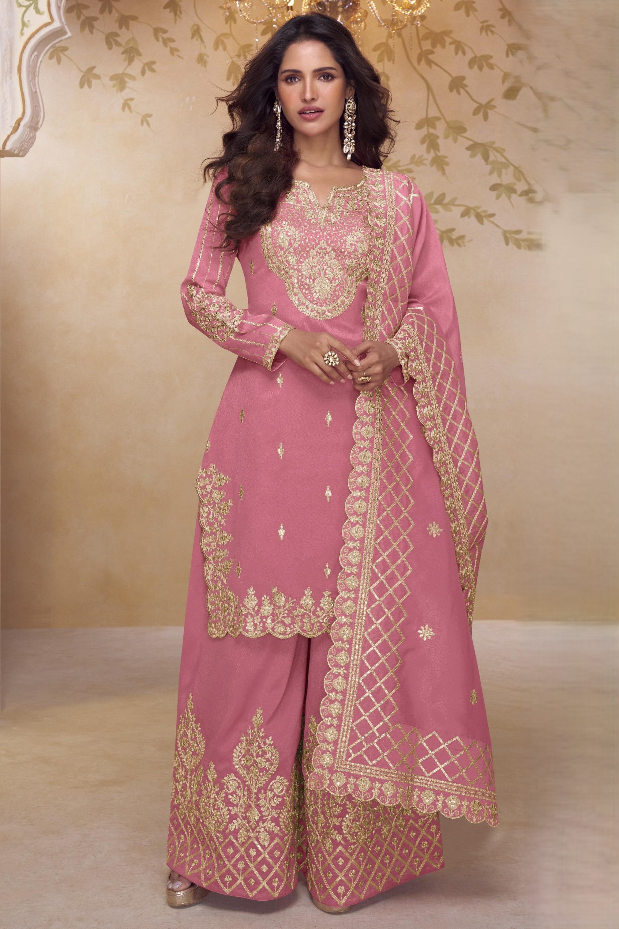 Pink Simmer Silk Palazo Suit For Indian & Pakistani Wedding Festival - Thread & Sequins Embroidery Work