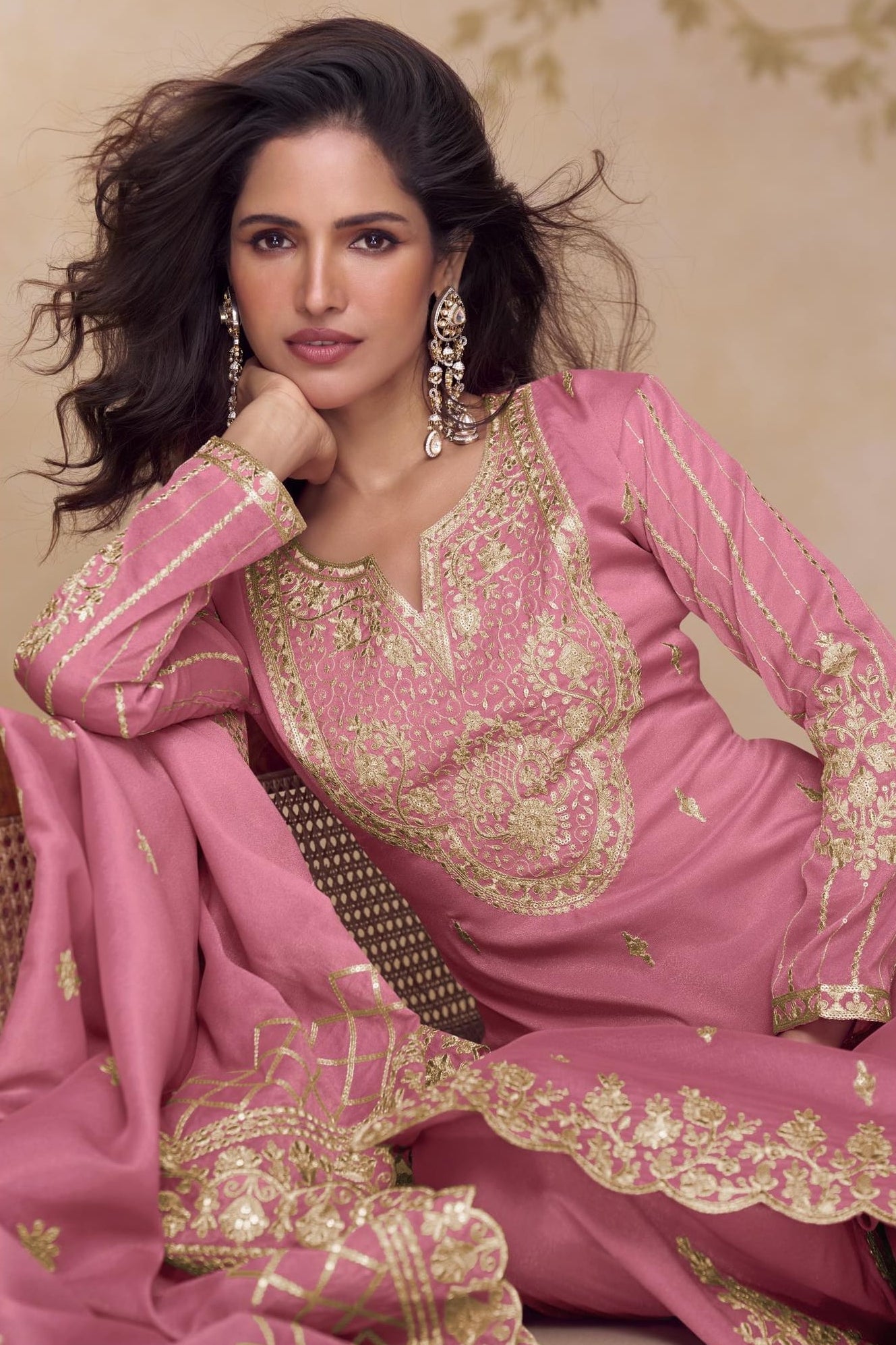 Pink Simmer Silk Palazo Suit For Indian & Pakistani Wedding Festival - Thread & Sequins Embroidery Work