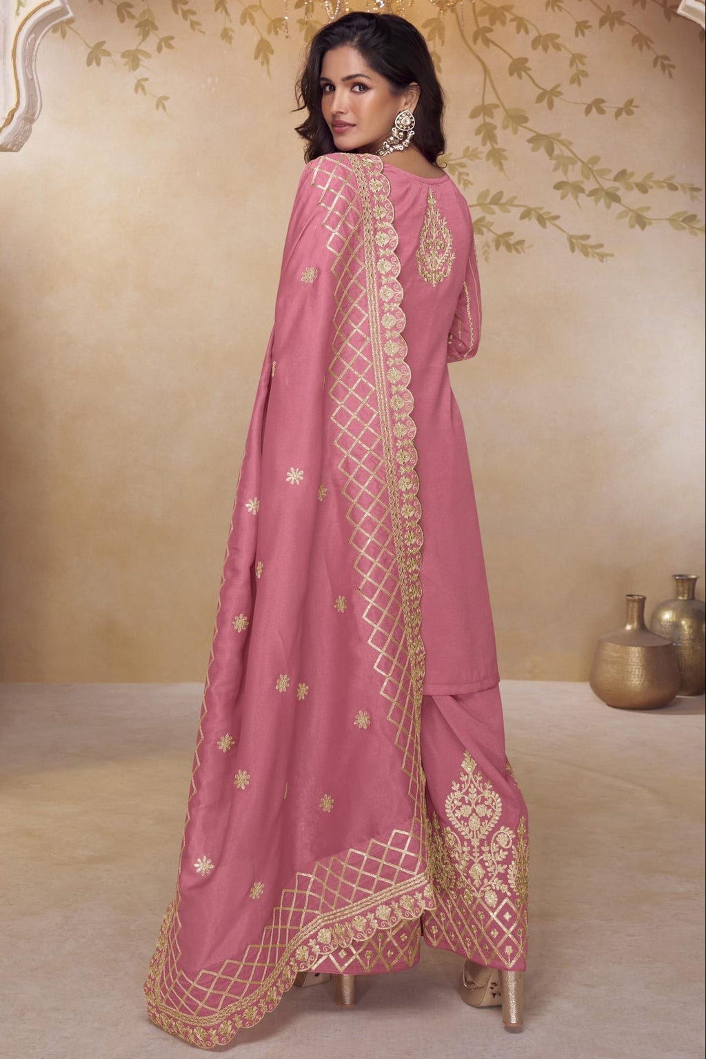 Pink Simmer Silk Palazo Suit For Indian & Pakistani Wedding Festival - Thread & Sequins Embroidery Work