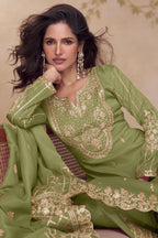 Pista Green Simmer Silk Palazo Suit For Indian & Pakistani Wedding Festival - Thread & Sequins Embroidery Work