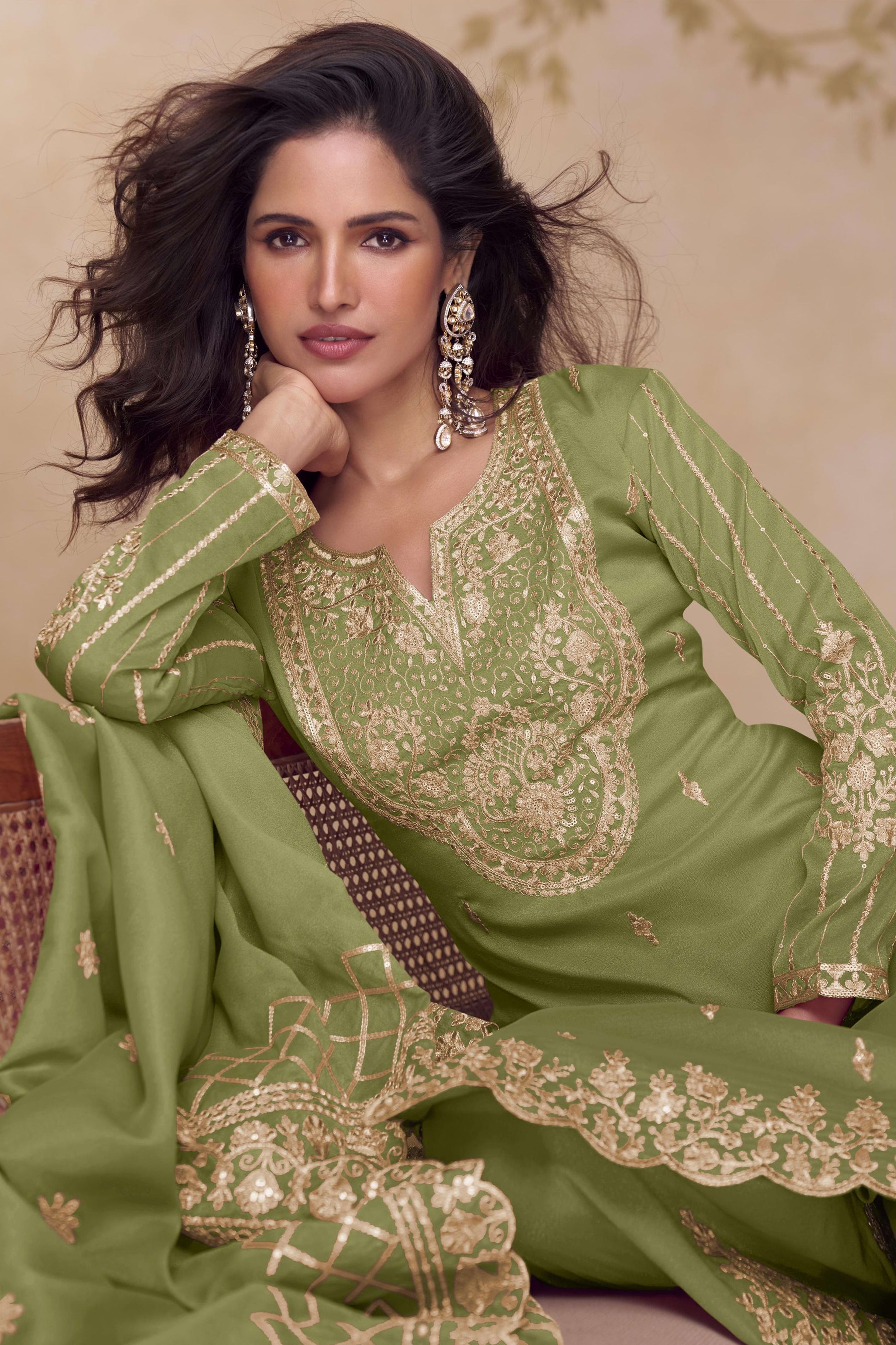 Pista Green Simmer Silk Palazo Suit For Indian & Pakistani Wedding Festival - Thread & Sequins Embroidery Work