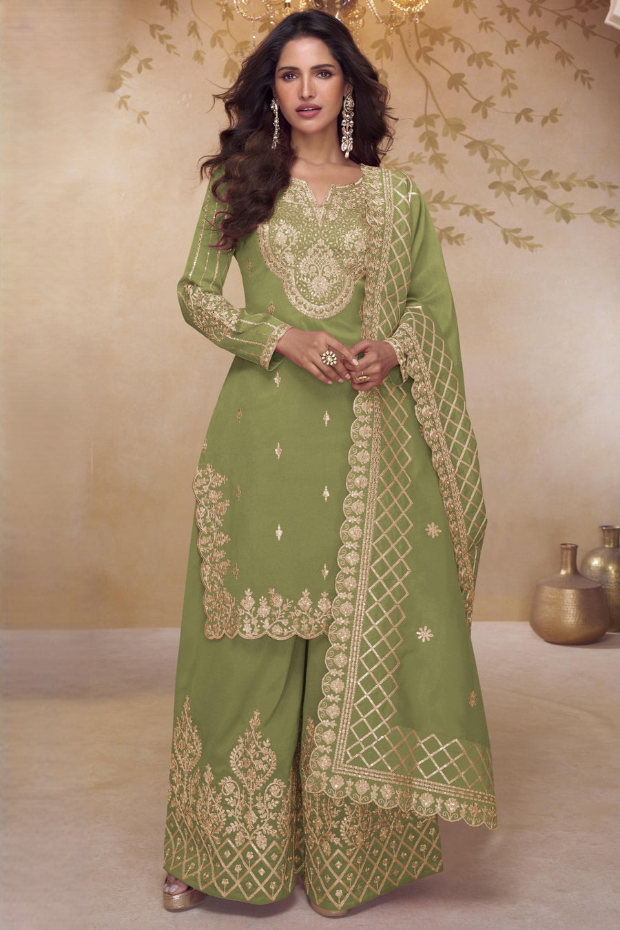 Pista Green Simmer Silk Palazo Suit For Indian & Pakistani Wedding Festival - Thread & Sequins Embroidery Work