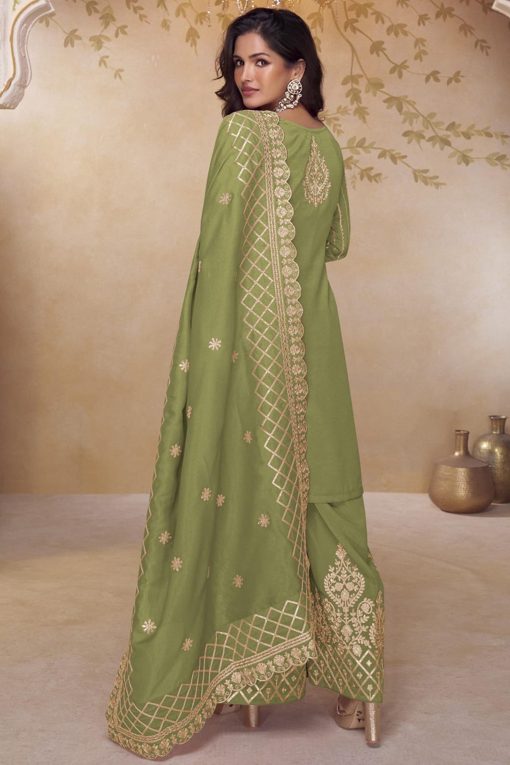 Pista Green Simmer Silk Palazo Suit For Indian & Pakistani Wedding Festival - Thread & Sequins Embroidery Work
