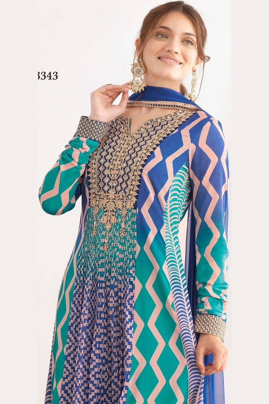 Teal Chinon Silk Dual Color Anarkali Suit For Indian & Pakistani Wedding Festival - Motif Work, Print Work, Resham Embroidery Work