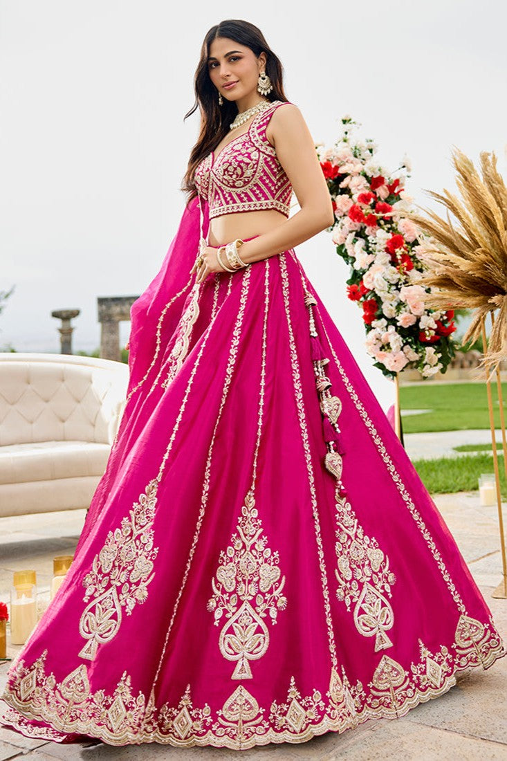 Pink Premium Silk Floral Lehenga Choli for Wedding - Zari, Resham, Thread & Sequins Work