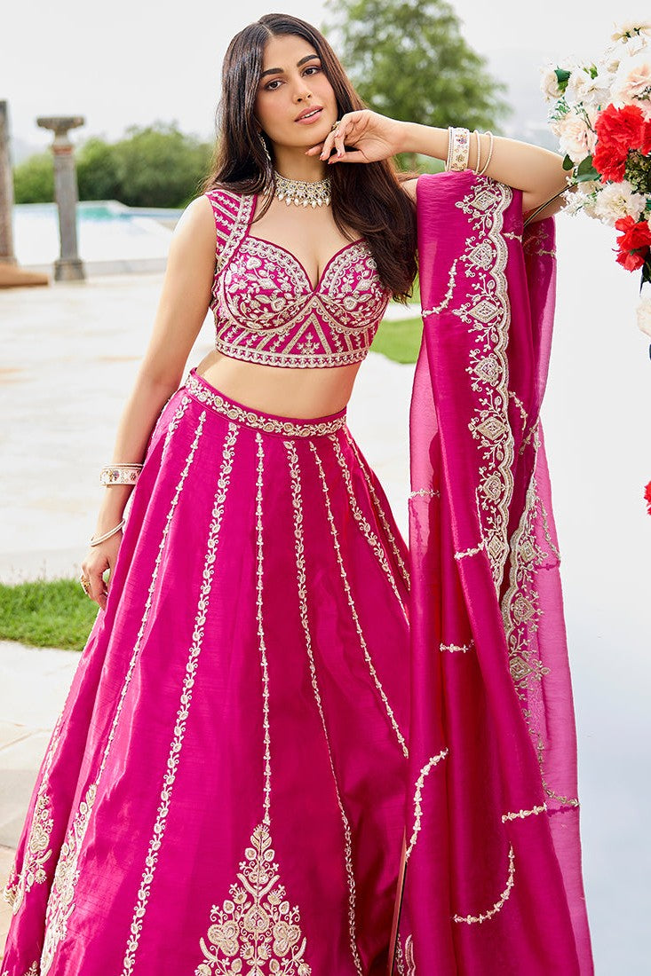 Pink Premium Silk Floral Lehenga Choli for Wedding - Zari, Resham, Thread & Sequins Work