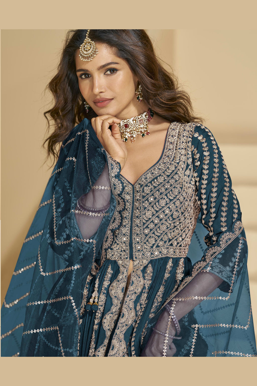 Teal Chinon Silk Front Slit Anarkali With Skirt Suit For Indian & Pakistani Wedding Festival - Sequins & Thread Embroidery Work, Dori Work