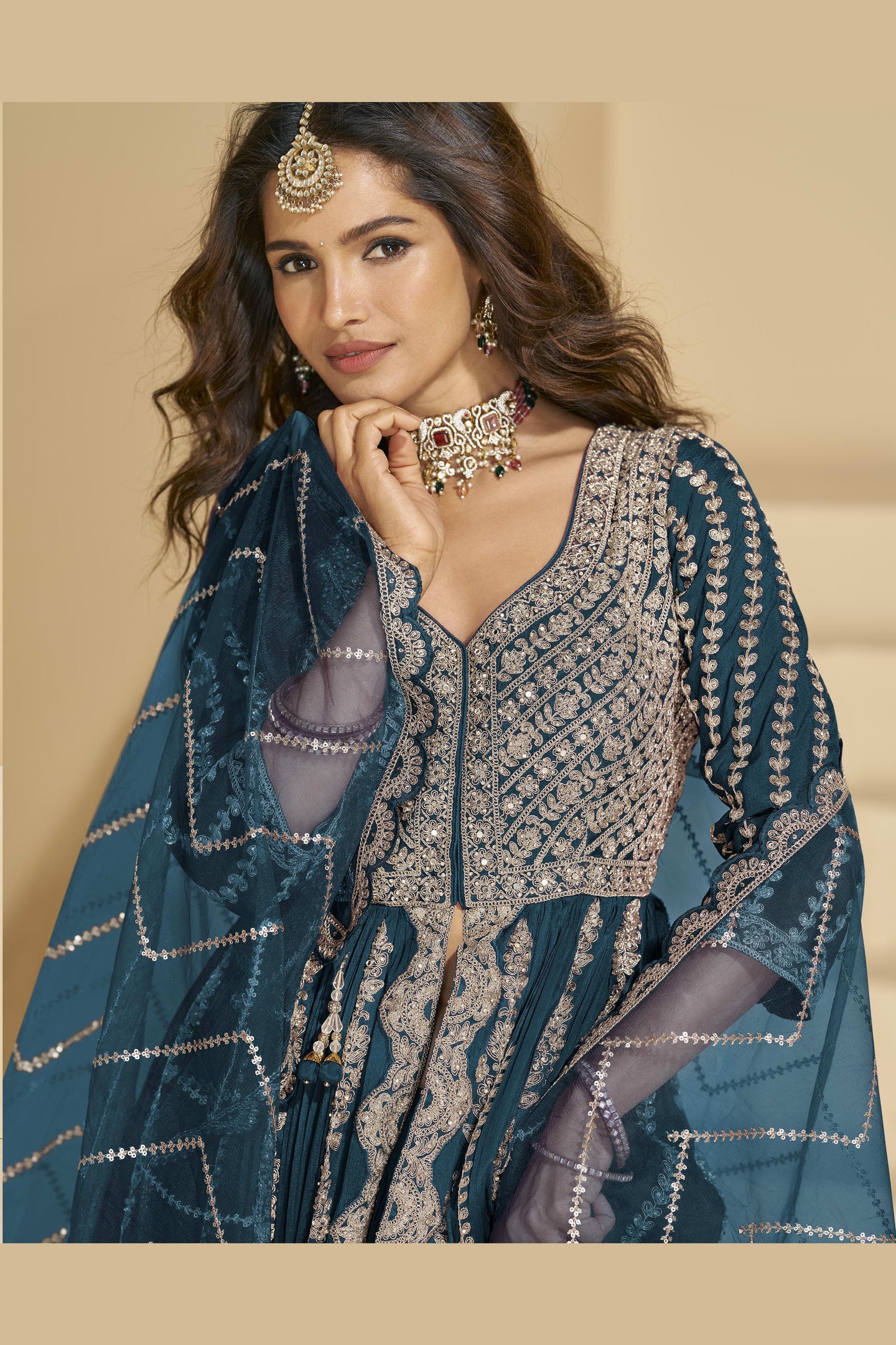 Teal Chinon Silk Front Slit Anarkali With Skirt Suit For Indian & Pakistani Wedding Festival - Sequins & Thread Embroidery Work, Dori Work