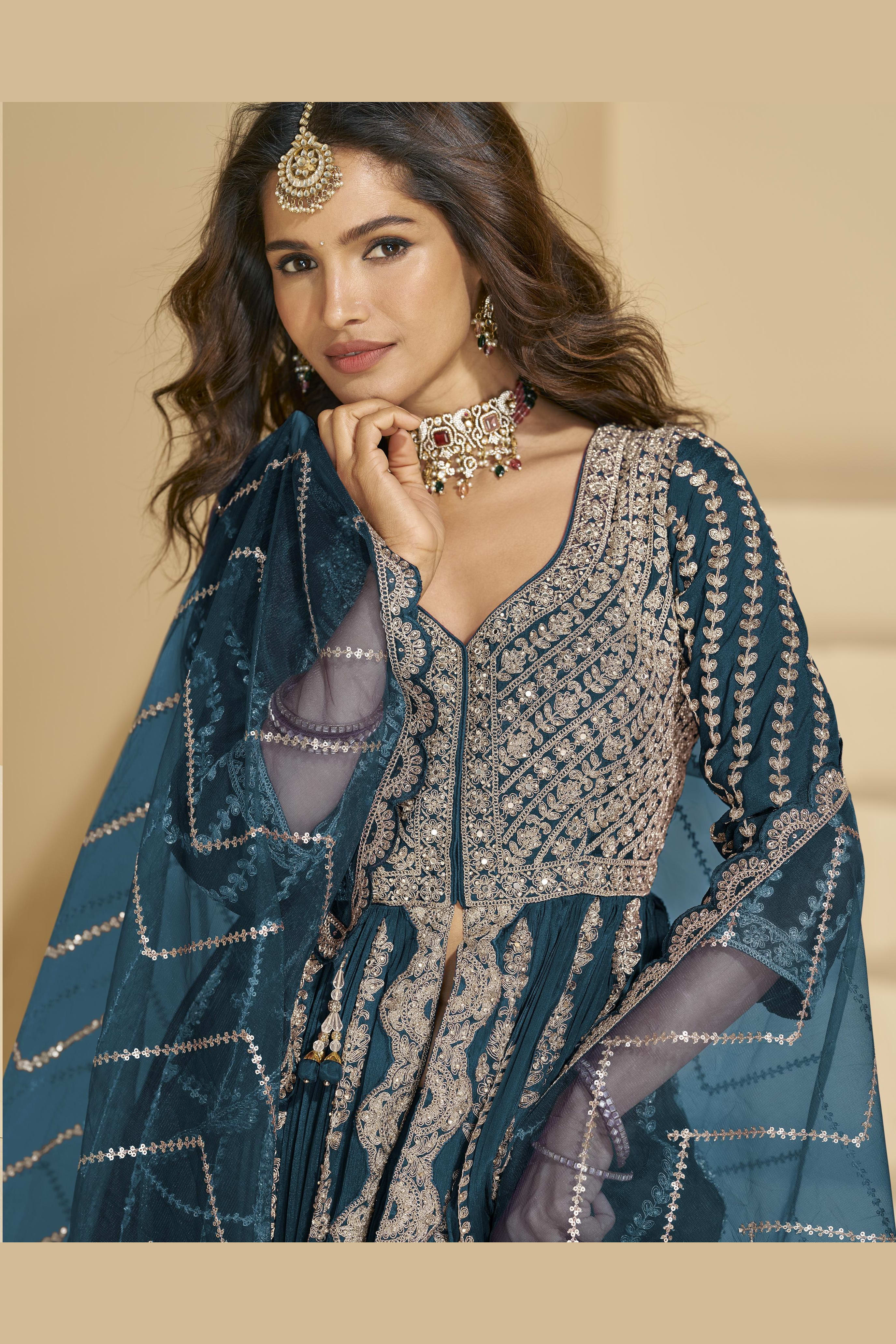 Teal Chinon Silk Front Slit Anarkali With Skirt Suit For Indian & Pakistani Wedding Festival - Sequins & Thread Embroidery Work, Dori Work