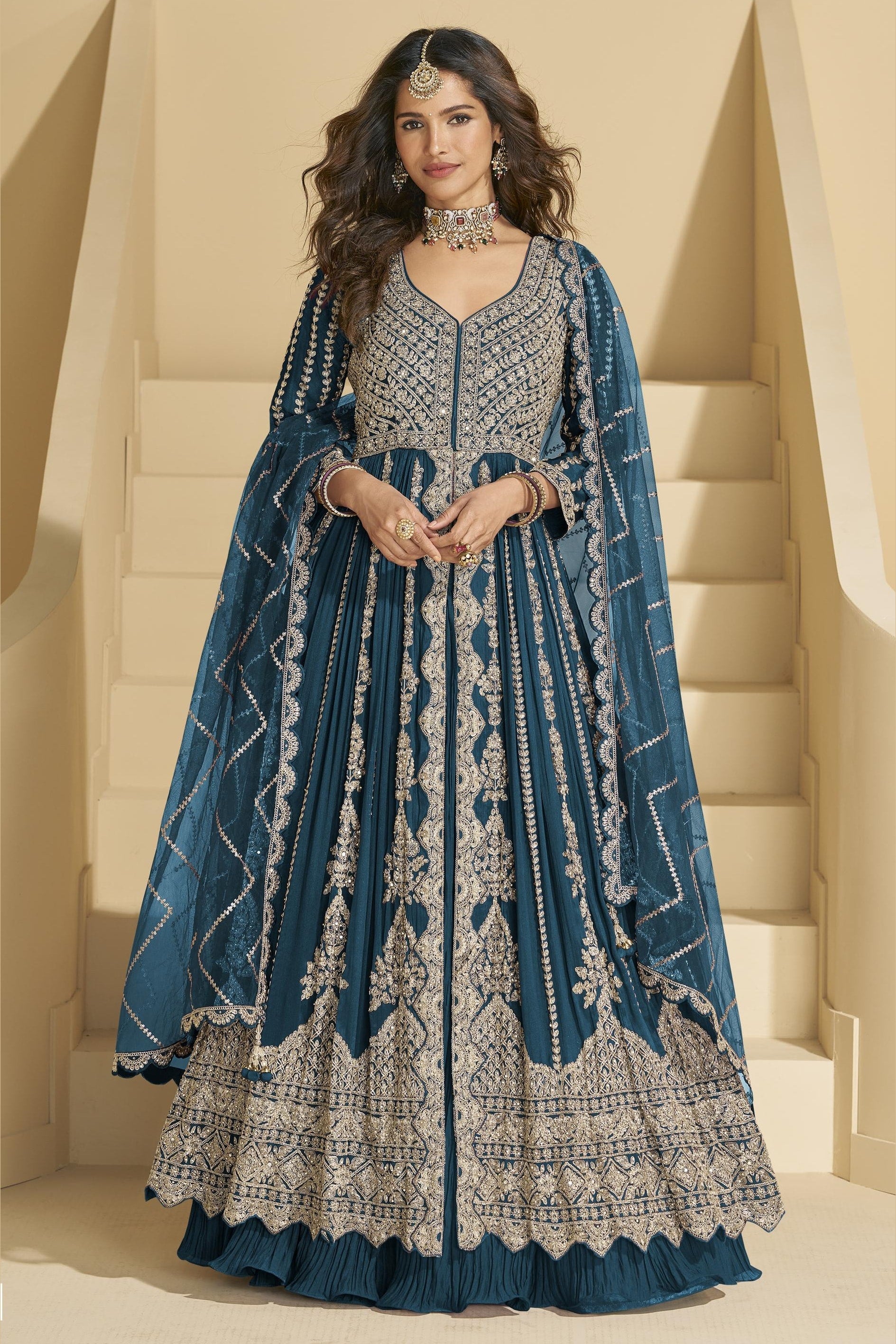 Teal Chinon Silk Front Slit Anarkali With Skirt Suit For Indian & Pakistani Wedding Festival - Sequins & Thread Embroidery Work, Dori Work