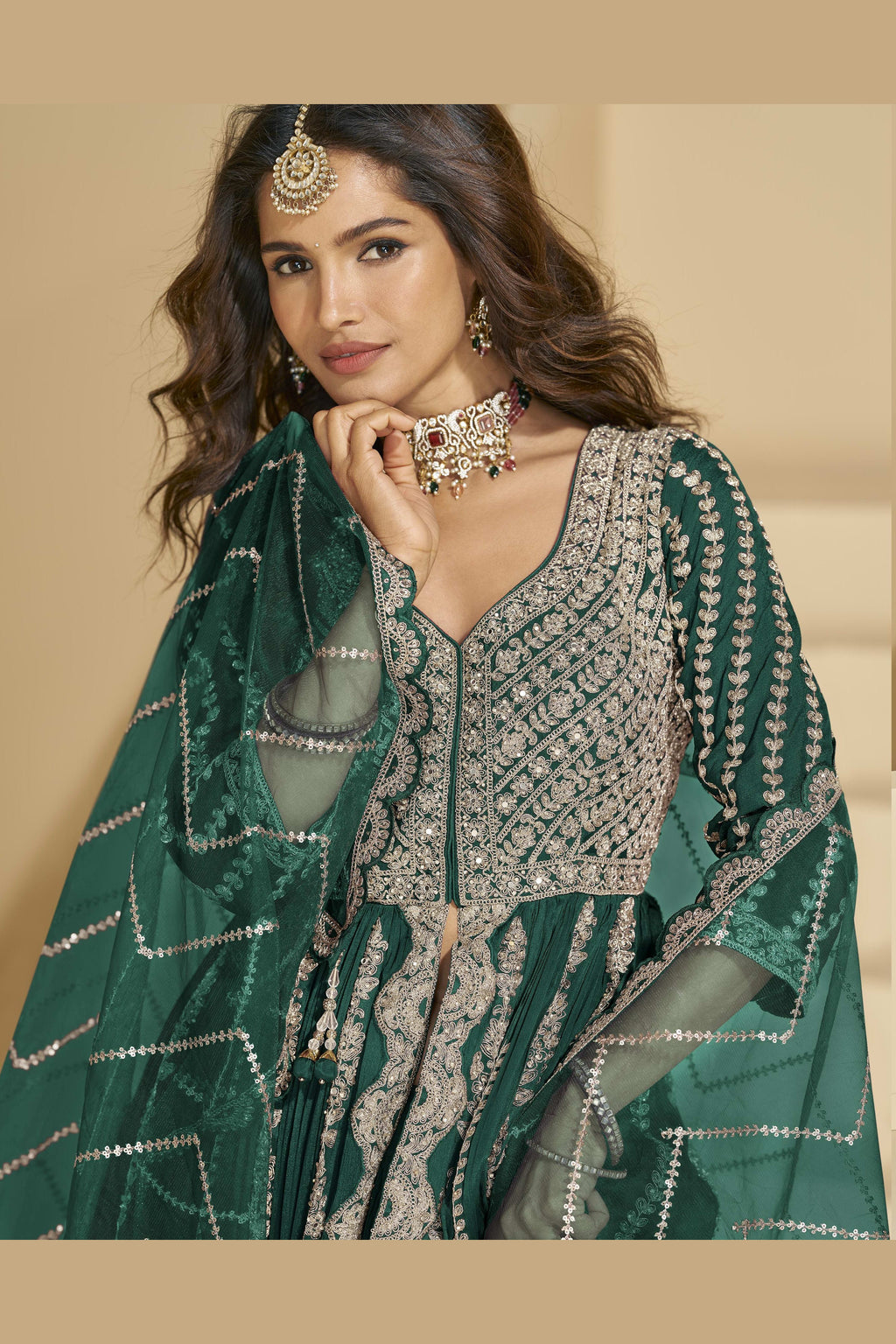 Dark Green Chinon Silk Front Slit Anarkali With Skirt Suit For Indian & Pakistani Wedding Festival - Sequins & Thread Embroidery Work, Dori Work