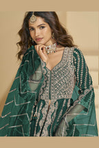 Dark Green Chinon Silk Front Slit Anarkali With Skirt Suit For Indian & Pakistani Wedding Festival - Sequins & Thread Embroidery Work, Dori Work