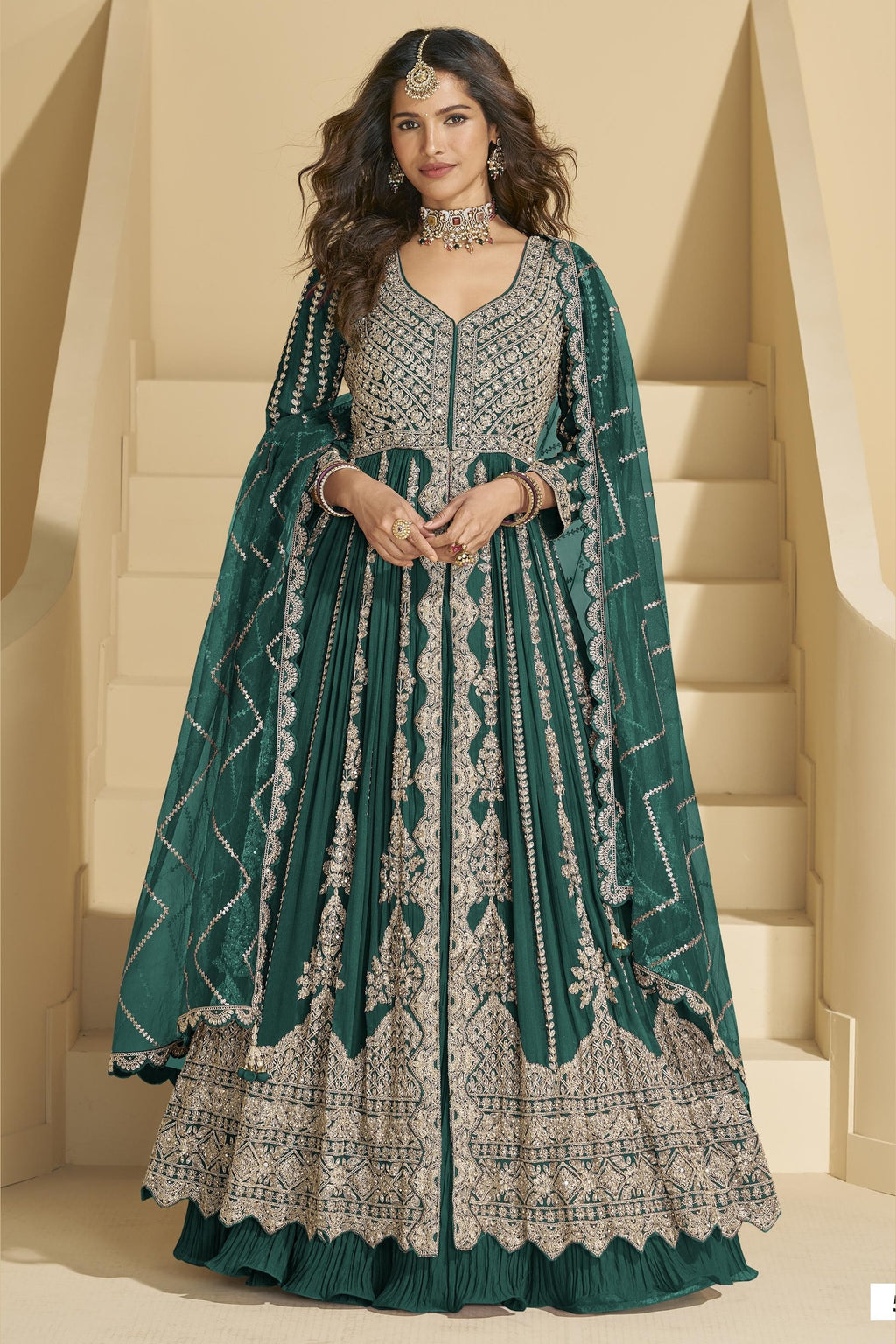 Dark Green Chinon Silk Front Slit Anarkali With Skirt Suit For Indian & Pakistani Wedding Festival - Sequins & Thread Embroidery Work, Dori Work