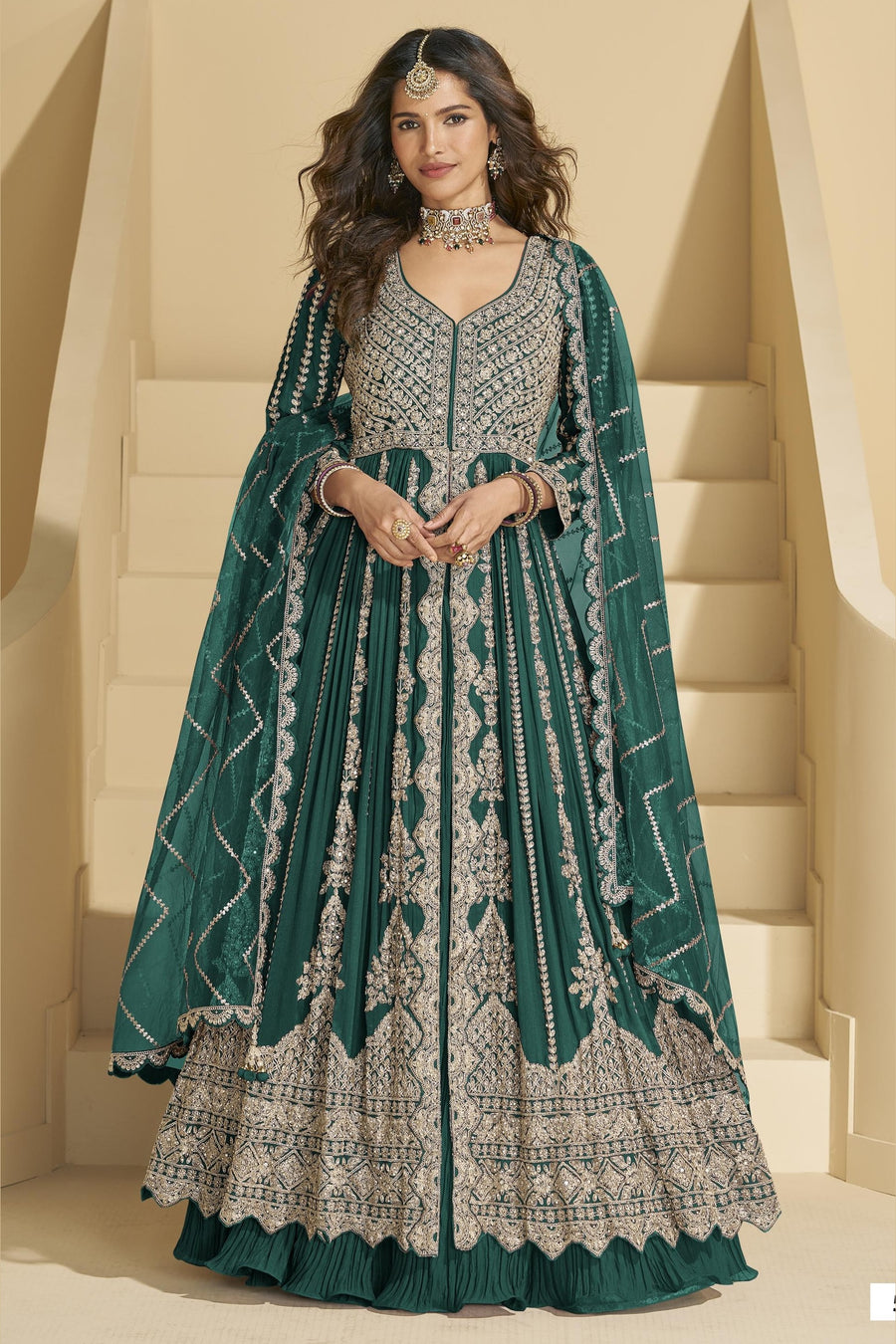 Dark Green Chinon Silk Front Slit Anarkali With Skirt Suit For Indian & Pakistani Wedding Festival - Sequins & Thread Embroidery Work, Dori Work