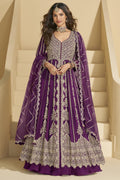 Wine Chinon Silk Front Slit Anarkali With Skirt Suit For Indian & Pakistani Wedding Festival - Sequins & Thread Embroidery Work, Dori Work
